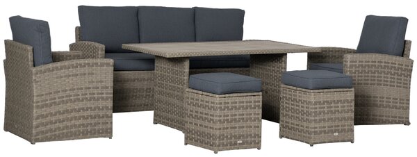 Outsunny Set Mobile da Giardino da 6 Pezzi in Rattan PE, Salotto con Divano 3 Posti, 2 Poltrone, 2 Sgabelli e Tavolo, Cuscini Sfoderabili, Grigio
