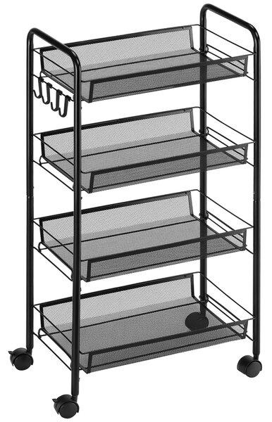 HOMCOM Carrello Cucina 4 Ripiani Rimovibili, 4 Ganci, Ruote Scorrevoli, Acciaio e Plastica PP, 45x26.5x84 cm - Nero|Aosom