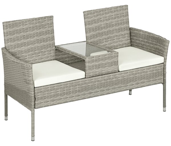 Outsunny Divanetto per Esterni 2 Posti con Tavolino da Caffè, in Acciaio e Rattan PE, 137x59x82 cm, Grigio e Crema|Aosom