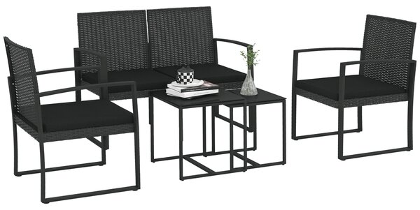 Outsunny Set da Giardino con 2 Sedie, Divanetto e 2 Tavolini con Cuscini e Piano in Vetro, Nero|Aosom