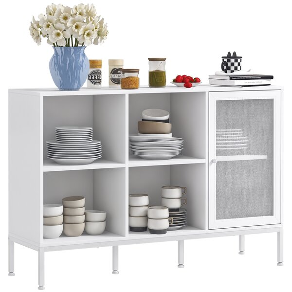 HOMCOM Mobile Buffet con 4 Ripiani Aperti e Armadietto, in Truciolato e Acciaio, 120x37x81.5 cm, Bianco|Aosom