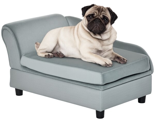 PawHut Divano per Cani con Spazio Portaoggetti e Cuscino, in Legno e Poliestere, 76x45x43 cm, Grigio Chiaro