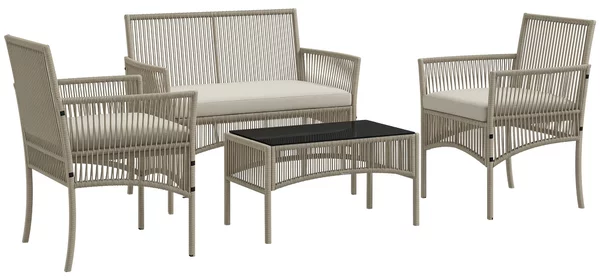 Outsunny Set da Giardino in Rattan da 4 Pezzi con 2 Poltroncine, Divano e Tavolino da Caffè, Kaki e Nero