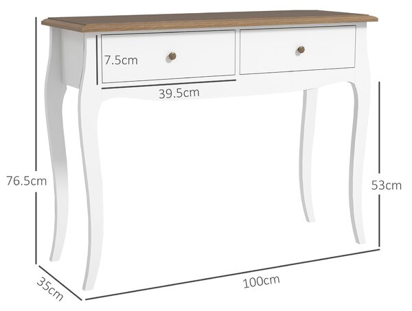 HOMCOM Tavolo Consolle Moderno con 2 Cassetti in Legno, 100x35x76.5 cm, Bianco e Marrone Scuro