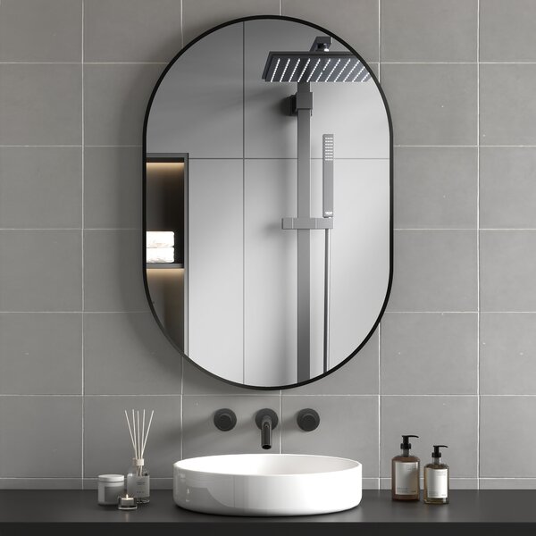 HOMCOM Specchio Bagno Ovale da Parete con Cornice in Alluminio, Verticale o Orizzontale, 60x90cm, Nero | Aosom Italy