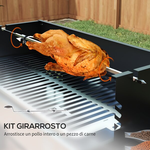 Outsunny Barbecue a Carbone a 3 Livelli con Mensole Pieghevoli e Girarrosto, in Acciaio Inox, 118x32x90 cm, Nero|Aosom