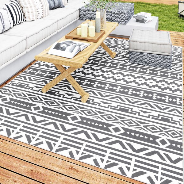 Outsunny Tappeto da Esterno Reversibile con Motivo Geometrico e Borsa Inclusa, 182x274 cm, Grigio e Bianco