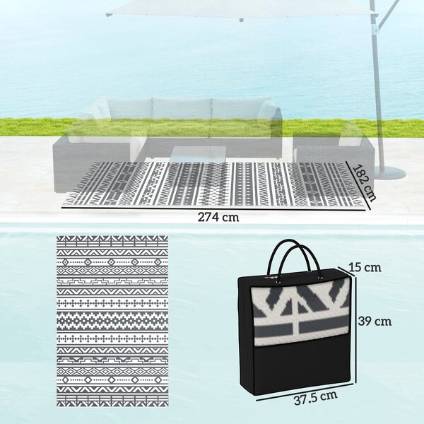 Outsunny Tappeto da Esterno Reversibile con Motivo Geometrico e Borsa Inclusa, 182x274 cm, Grigio e Bianco