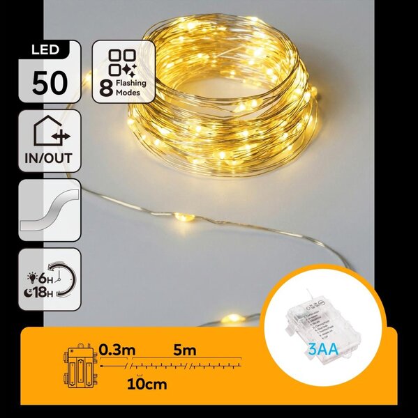 Aigostar - Catena luminosa a LED, 50 LED, alimentazione 3x AA, 5,3 m, luce bianco caldo