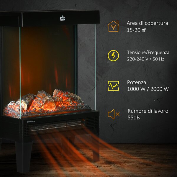 DecHome Camino Elettrico 1000W / 2000W con Fiamma LED Realistica e Controllo Temperatura 40.5x20x62 cm Nero - 301V90BK-820