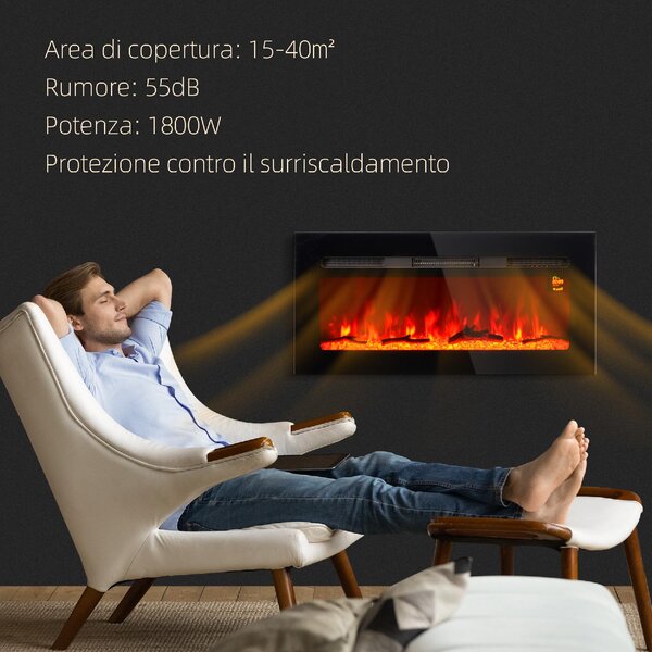 DecHome Camino Elettrico 1800W Regolabile con Telecomando in Acciaio e Vetro Temperato 91.4x15.8x45 cm colore Nero - 130BKS401