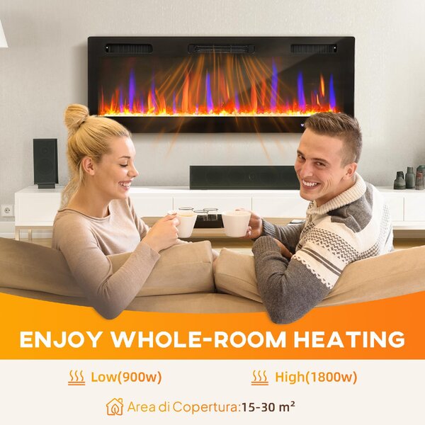 DecHome Camino Elettrico da Incasso o a Parete con Temperatura Regolabile in Acciaio e Vetro 127x9.4x47 cm colore Nero - BKZ375