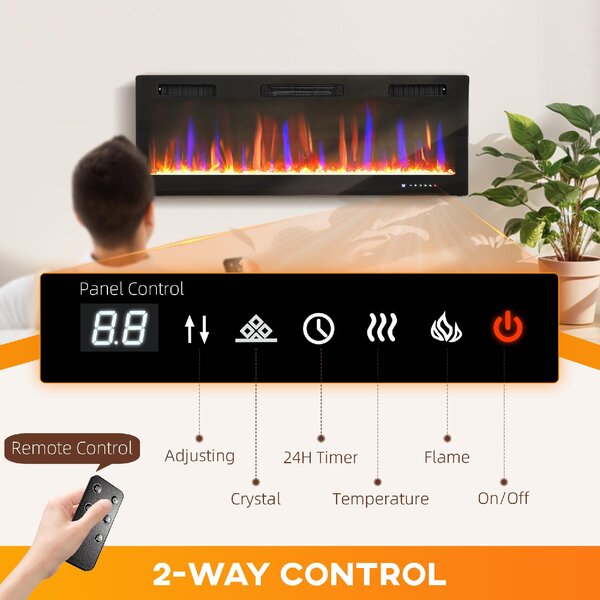 DecHome Camino Elettrico da Incasso o a Parete con Temperatura Regolabile in Acciaio e Vetro 127x9.4x47 cm colore Nero - BKZ375