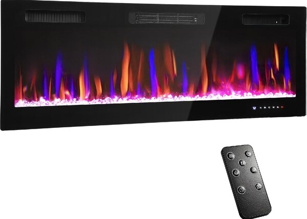 DecHome Camino Elettrico da Incasso o a Parete con Temperatura Regolabile in Acciaio e Vetro 127x9.4x47 cm colore Nero - BKZ375