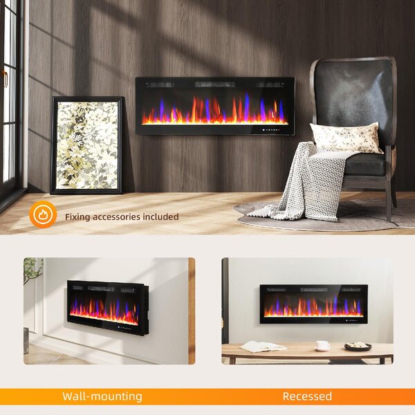 DecHome Camino Elettrico da Incasso o a Parete con Temperatura Regolabile in Acciaio e Vetro 127x9.4x47 cm colore Nero - BKZ375