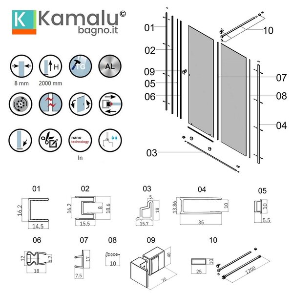 Box doccia walk in scorrevole 120 cm finitura oro rosa | KNM4000W-GR - KAMALU