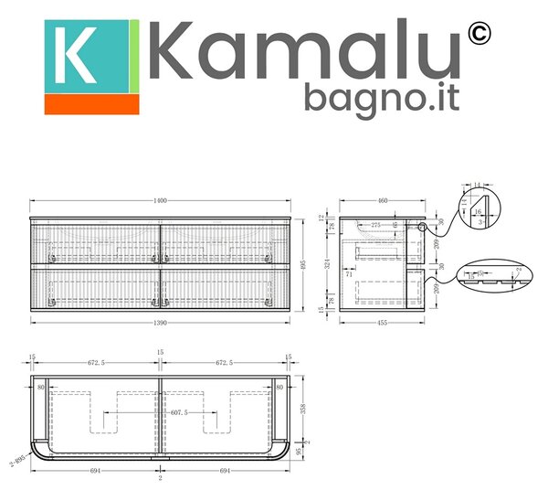 Mobile bagno 140 cannettato con lavabo solid stone | KAM-NORTH-140 - KAMALU