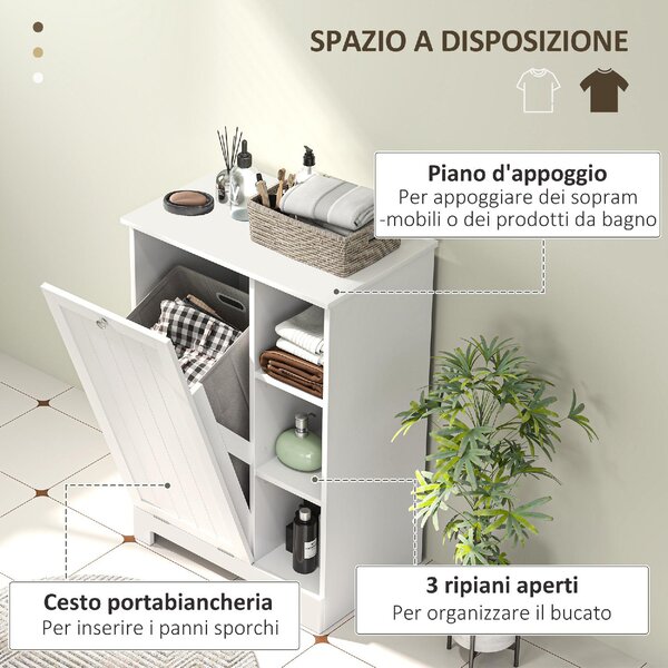 DecHome Mobile Bagno Portabiancheria con Cesto Rimovibile e Ripiani Regolabili 60x38x86 cm colore Bianco