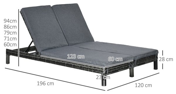 Outsunny Lettino da Giardino a 2 Posti, Sdraio in Acciaio e Rattan, Schienale Regolabile, 196 x 120 x 28cm Grigio|Aosom