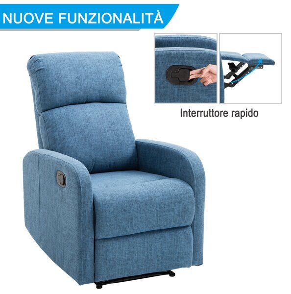 HOMCOM Poltrona Reclinabile 145° con Poggiapiedi e Struttura in Legno Massello, Poltrona Relax Reclinabile in Tessuto di Lino, Blu | Aosom Italy