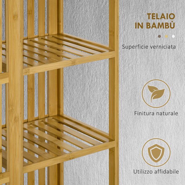 HOMCOM Armadio Aperto in Bambù con 2 Ante Scorrevoli, Ripiani Aperti e Barra Appendiabiti, 145x35x165cm