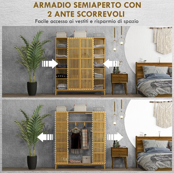 HOMCOM Armadio Aperto in Bambù con 2 Ante Scorrevoli, Ripiani Aperti e Barra Appendiabiti, 145x35x165cm