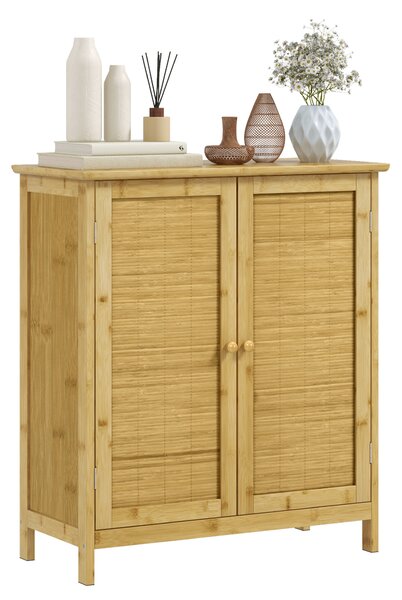 HOMCOM Credenza Stile Boho in Rattan e Bambù con 2 Ante e Mensola Interna, 60x27x67.5cm, Colore Legno