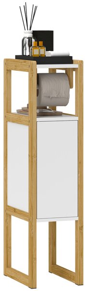 HOMCOM Mobile Bagno Salvaspazio con Porta Carta Igienica, Armadietto e Ripiano in Bambù, 20x33x80cm, Bianco