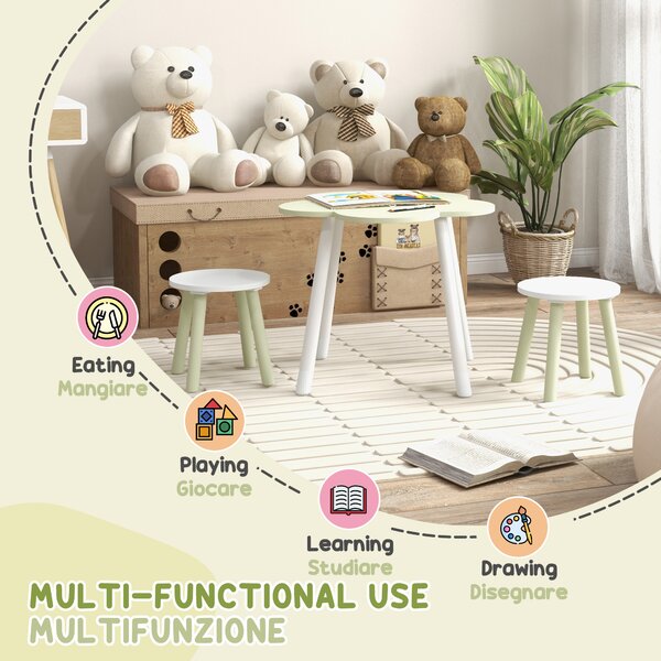 ZONEKIZ Set Tavolo e Sedie per Bambini 2-5 Anni, 3 pezzi in MDF e Legno di Pino con Design a Fiori, Giallo e Bianco|Aosom