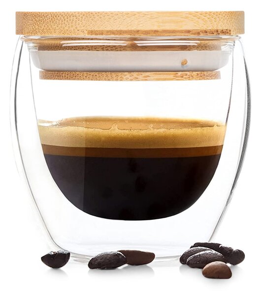Bambuswald Bicchiere da caffe con coperchio, 100 ml, fatto a mano, in vetro borosilicato e bambu