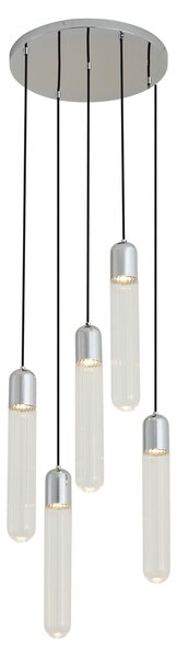 Design hanglamp chroom met ribbelglas 5-lichts - Walcott