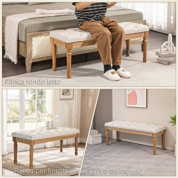 HOMCOM Panca Imbottita Fondoletto con Seduta Trapuntata a Bottoni in Tessuto e Legno, 120x41x48 cm, Crema | Aosom Italy