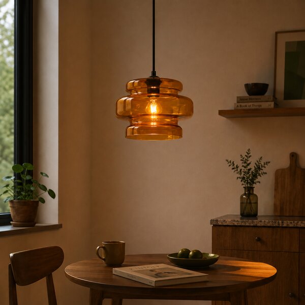 Lampada a sospensione retrò nera con vetro arancione - Denise