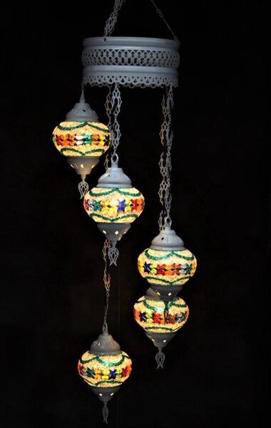 Lampada a sospensione in vetro colorato con 5 sfere in mosaico, lampada da soffitto in stile orientale marocchino, color crema