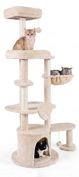 KOMFOTTEU, tiragraffi da 149 cm con cuccia, piattaforma e palline per gatti