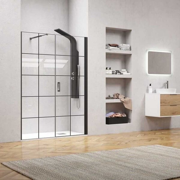 Kamalu porta doccia 141-144 cm telaio nero opaco vetro serigrafato | kam-p5000