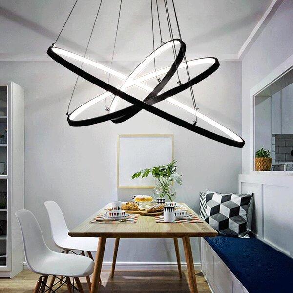 Lampada a sospensione a LED, modello 2130-3black, dimensioni 40*60*80 cm, con 3 anelli e telecomando. Permette di regolare il colore e l'intensità della luce