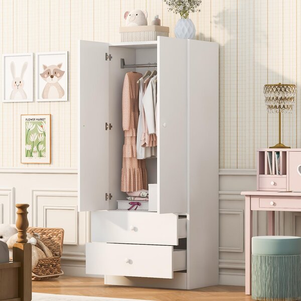 Armadio Merax con 2 cassetti e barra appendiabiti, armadio per bambini, design a blocchi di colore, mobile contenitore per camera da letto, cabina armadio, bianco
