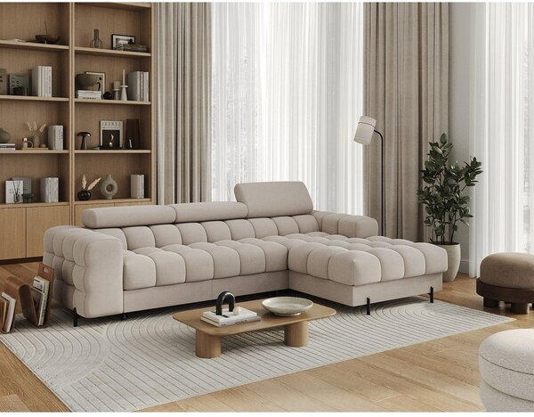 Divano angolare beige allungabile/con contenitore (con penisola a destra/con chaise lounge) e rivestimento in velluto Felro – ELTAP