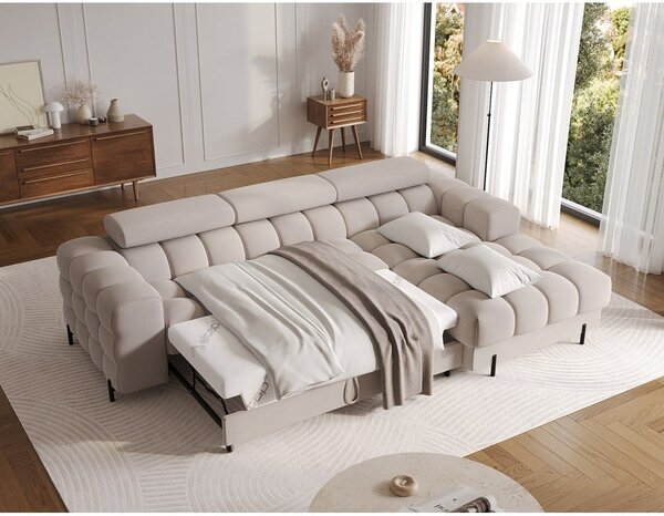 Divano angolare beige allungabile/con contenitore (con penisola a destra/con chaise lounge) e rivestimento in velluto Felro – ELTAP