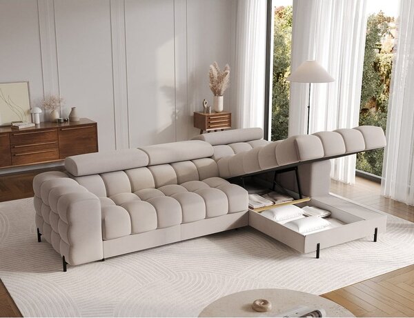 Divano angolare beige allungabile/con contenitore (con penisola a destra/con chaise lounge) e rivestimento in velluto Felro – ELTAP