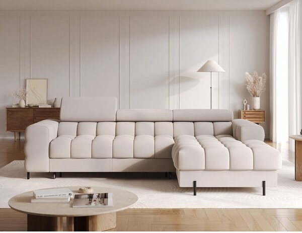 Divano angolare beige allungabile/con contenitore (con penisola a destra/con chaise lounge) e rivestimento in velluto Felro – ELTAP