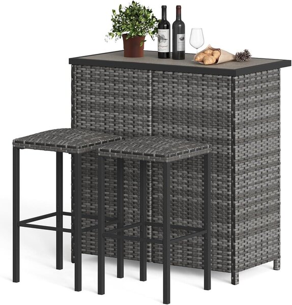 Set da bar per esterno in rattan sintetico, composto da: tavolino bar + 2 sgabelli, ideale per balconi e terrazzi