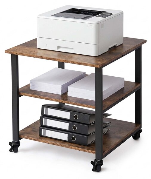 Tavolo per stampante Relaxdays con ruote, 3 ripiani, dimensioni: 53 x 50 x 50 cm, carrello mobile per stampante, supporto per stampante, marrone/nero