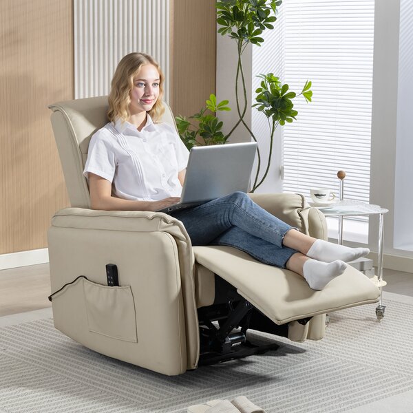 HOMCOM Poltrona Massaggiante Elettrica con Poggiapiedi e Tasca Laterale, Rivestimento in Similpelle, Beige | Aosom Italy