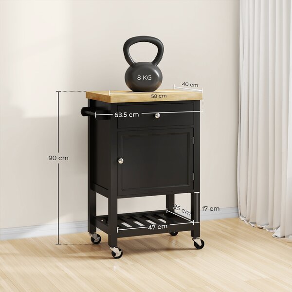 HOMCOM Carrello da Cucina su Ruote, Carrello di Servizio con Piano in Legno di Hévéa e Cassetto, 63,5x40x90 cm, Nero | Aosom Italy