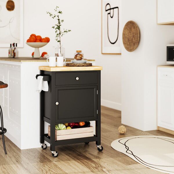 HOMCOM Carrello da Cucina su Ruote, Carrello di Servizio con Piano in Legno di Hévéa e Cassetto, 63,5x40x90 cm, Nero | Aosom Italy