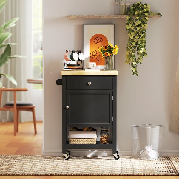 HOMCOM Carrello da Cucina su Ruote, Carrello di Servizio con Piano in Legno di Hévéa e Cassetto, 63,5x40x90 cm, Nero | Aosom Italy