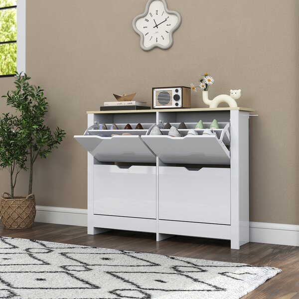 HOMCOM Scarpiera Stretta con 4 Scomparti Ribaltabili per 8–16 Paia di Scarpe, 105x26x80 cm, Bianco e Naturale | Aosom Italy