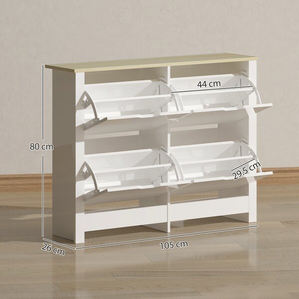 HOMCOM Scarpiera Stretta con 4 Scomparti Ribaltabili per 8–16 Paia di Scarpe, 105x26x80 cm, Bianco e Naturale | Aosom Italy